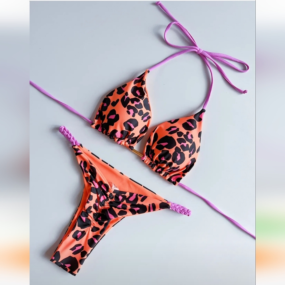 NWOT Leopard Print Bikini with Purple Straps, M/L